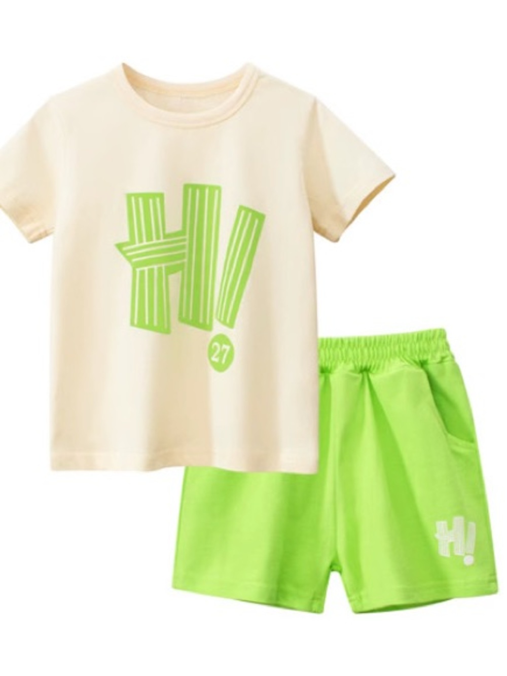 Kids Cream & Lime 'Hi!' Short Sleeve Set by